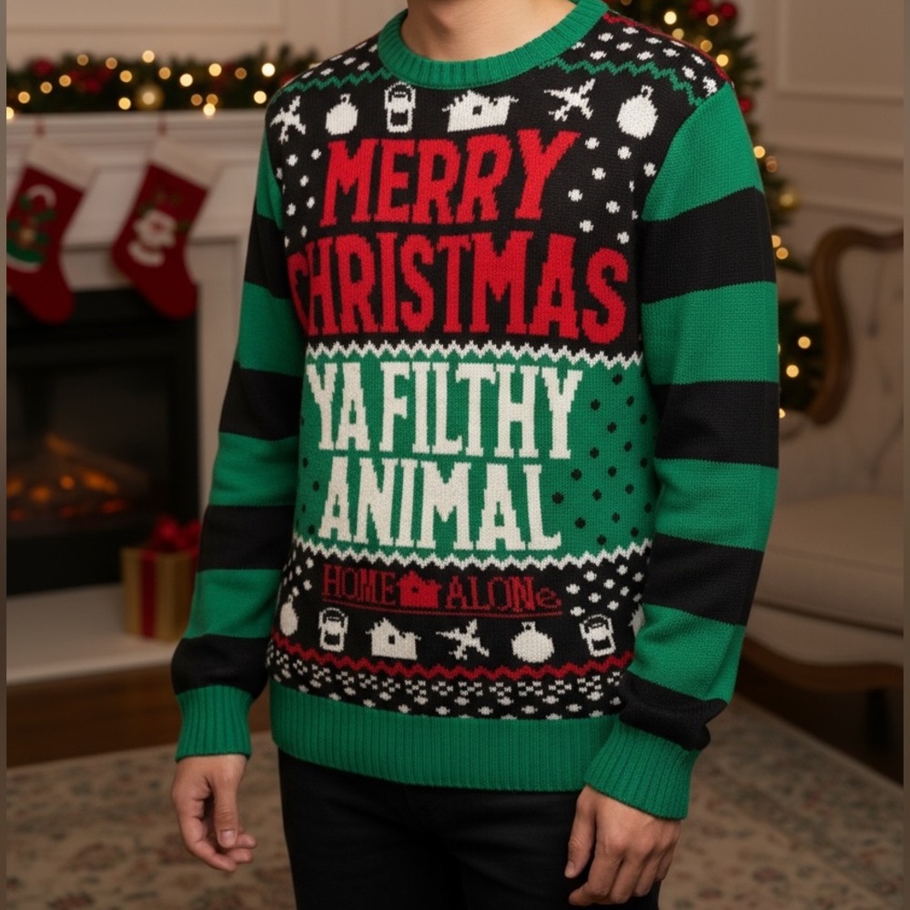 Home Alone Funny Ugly Christmas Sweater Mens S 34/36 Filthy Animal Holiday Party